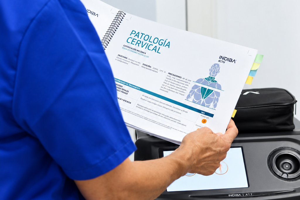 Profesional sanitario revisando material de fisioterapia y rehabilitación para cuidar tu espalda y prevenir molestias.